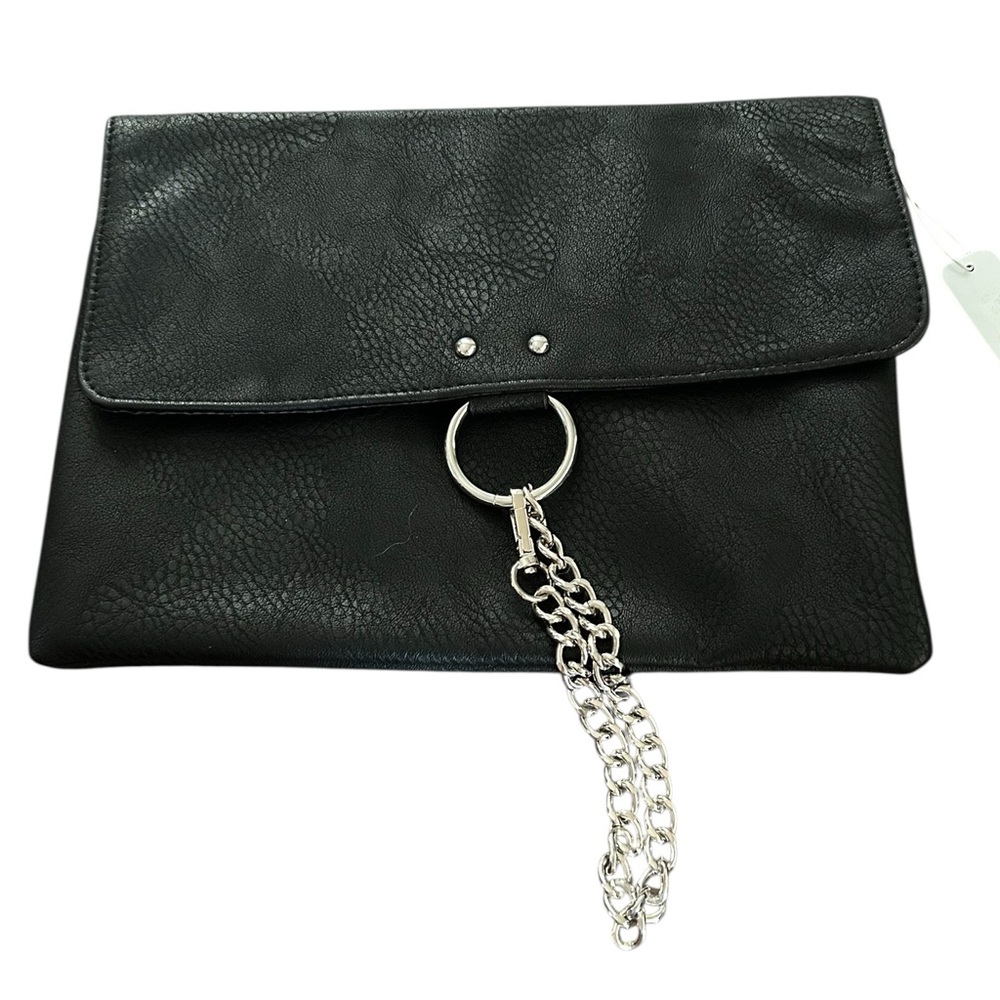 Silver O Ring chain black vegan leather clutch NWT